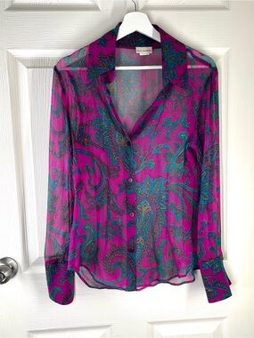 RARE VTG Ticci Tonetto 100% Silk Sheer Paisley Blouse Rhinestone Cuff M Fits S
